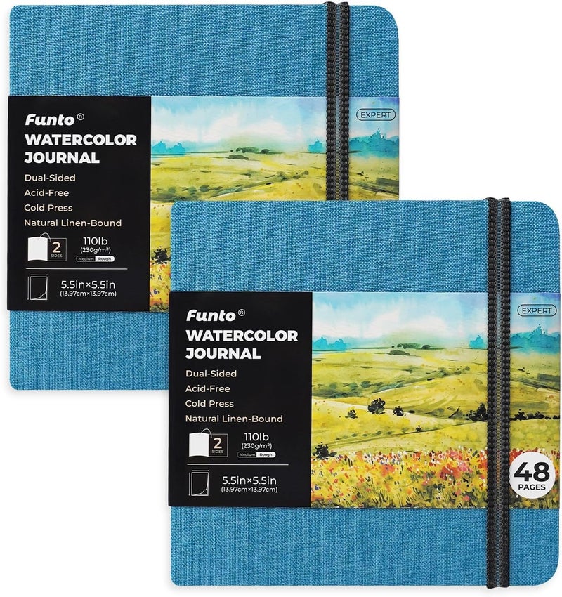 Funto Watercolor Journal, Square, 5.5x5.5, Portable 2-Pack, 48 Pages Each, Blue Cover, 110lb/230gsm, Art Supplies for Mixed Media - Image 1